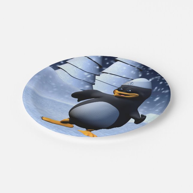 Funny Sailor Penguin Dancing Paper Plates (Angled)