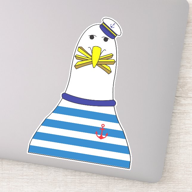 Funny Sailor Seagull Bird Eating French Fries Sticker (Detail)