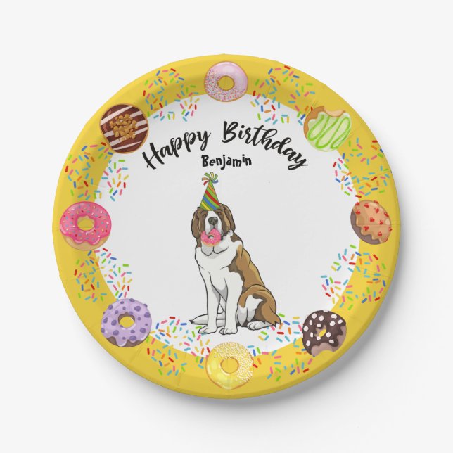 Funny Saint Bernard Dog Donuts Birthday Party Paper Plates (Front)