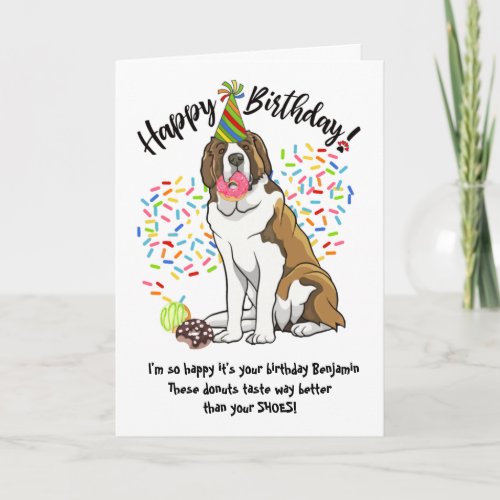 Funny Saint Bernard Pet Dog  Birthday Card Donuts