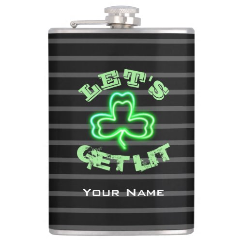 Funny Saint Patricks Day Neon Green Shamrock Name Flask