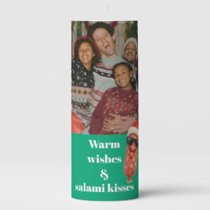 Funny salami kisses family photo christmas pillar candle