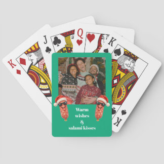 Funny salami kisses family photo Christmas Poker Cards