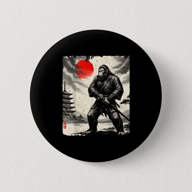 Funny Samurai Bigfoot Japanese Art Graphic Tee Ani Button (Front)