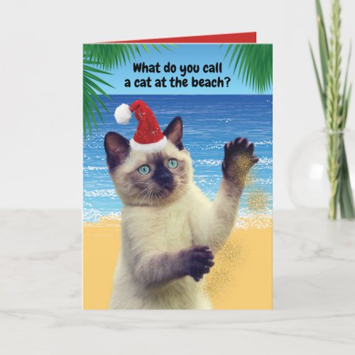 Funny Sandy Claws Cat On The Beach Christmas Holiday Card