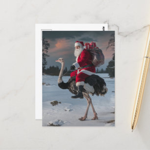 Funny Santa and Ostrich Christmas Snow Postcard