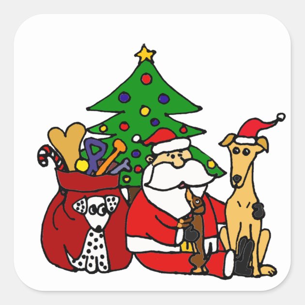 Funny Santa And Puppy Dogs Christmas Art Square Sticker