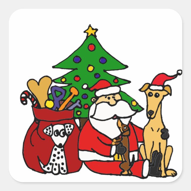Funny Santa and Puppy Dogs Christmas Art Square Sticker (Front)