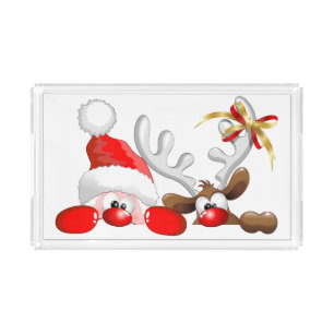 Funny Santa and Reindeer Cartoon Acrylic Tray