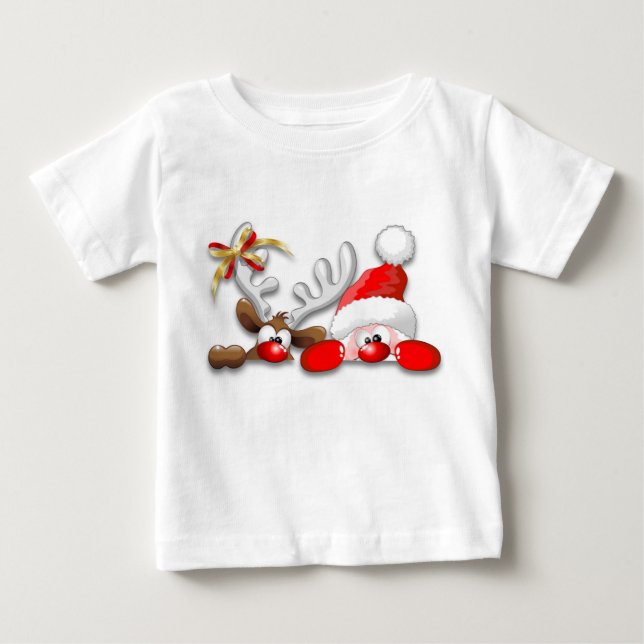 Funny Santa and Reindeer Cartoon Baby T-Shirt (Front)