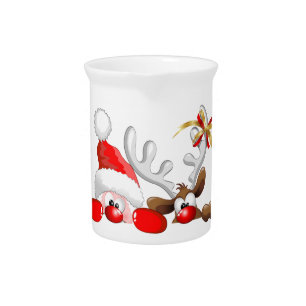 Funny Santa and Reindeer Cartoon Beverage Pitcher