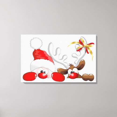 Funny Santa and Reindeer Cartoon Canvas Print