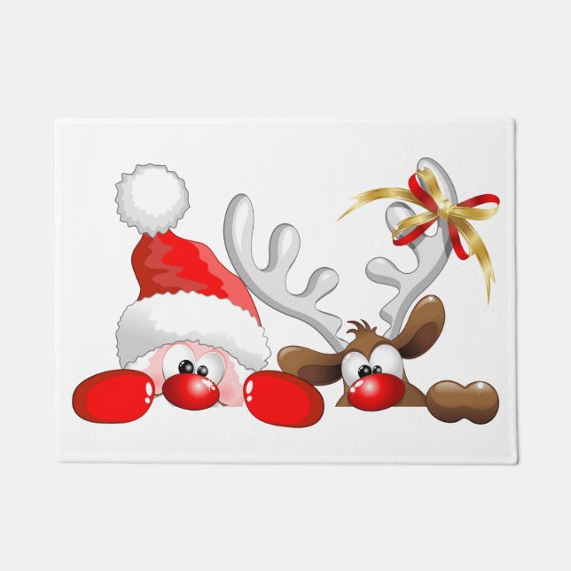 Funny Santa and Reindeer Cartoon      Doormat (Front)
