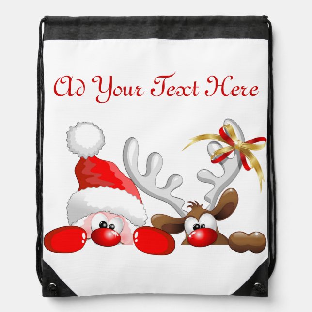 Funny Santa and Reindeer Cartoon     Drawstring Bag (Front)
