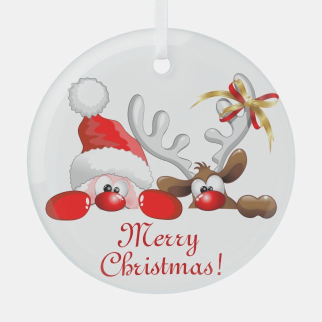 Funny Santa and Reindeer Cartoon       Glass Ornament (Front)
