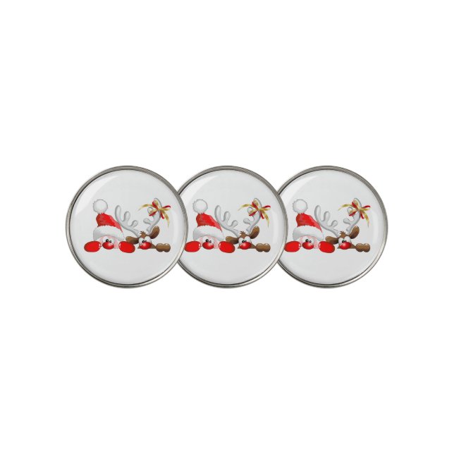 Funny Santa and Reindeer Cartoon  Golf Ball Marker (3 Up)