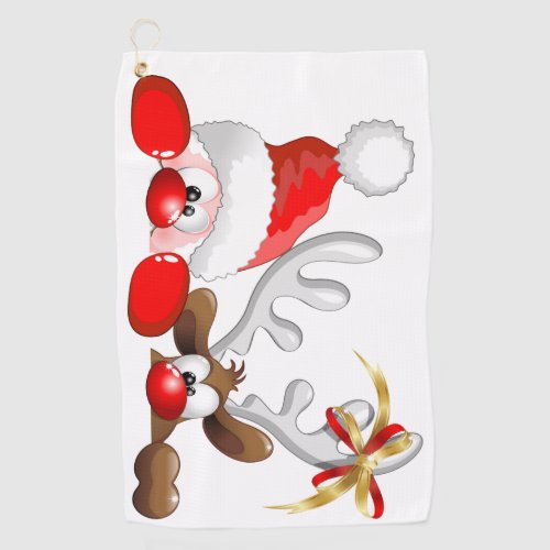 Funny Santa and Reindeer Cartoon    Golf Towel