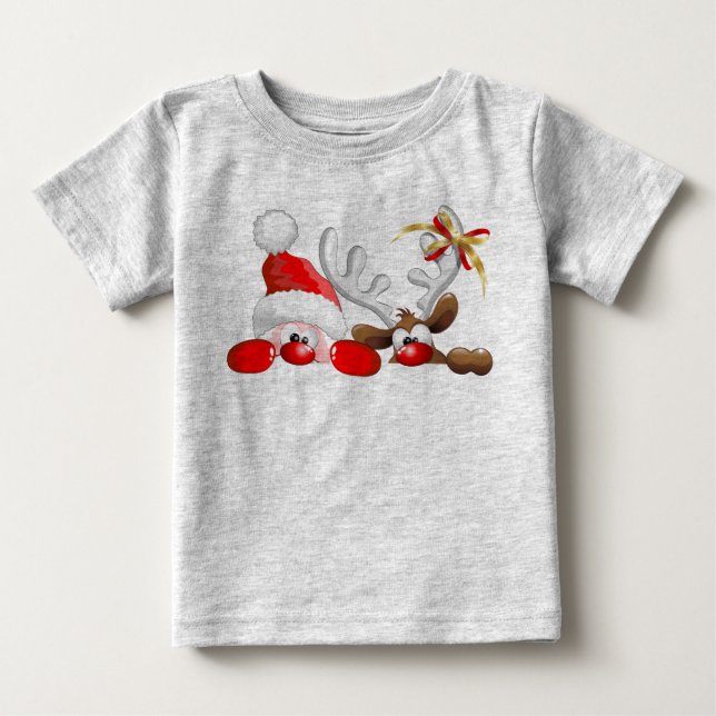 Funny Santa and Reindeer Cartoon Infant T-Shirt (Front)