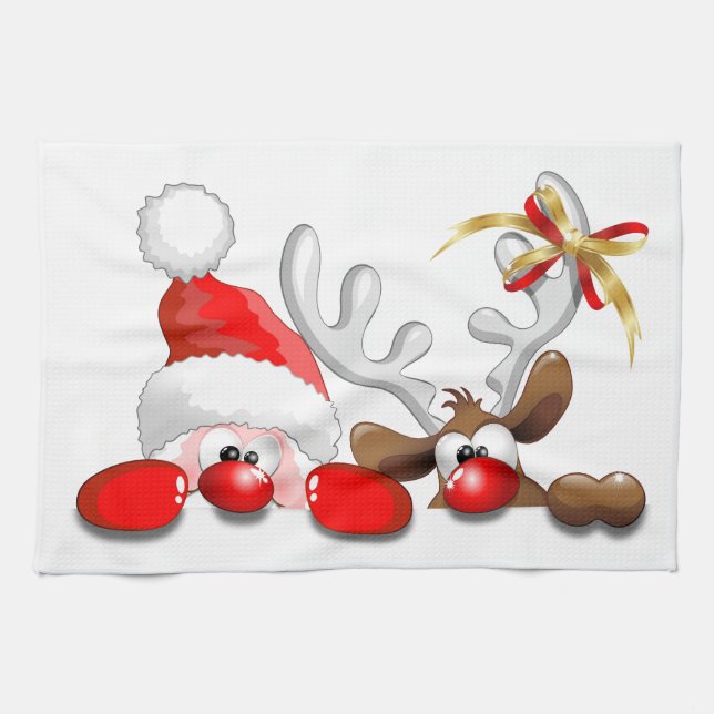 Funny Santa and Reindeer Cartoon kitchen towel (Horizontal)