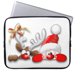 Funny Santa and Reindeer Cartoon Laptop Sleeves