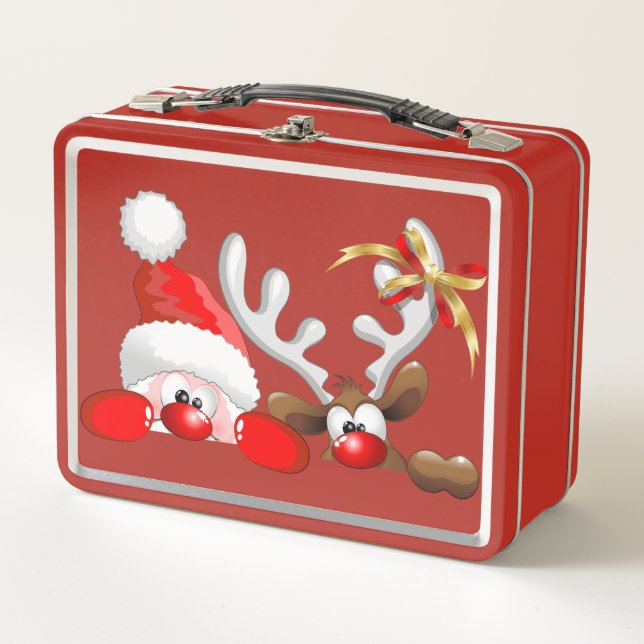 Funny Santa and Reindeer Cartoon   Metal Lunch Box (Front)
