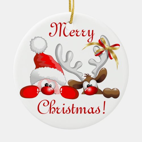 Funny Santa and Reindeer Cartoon Ornament