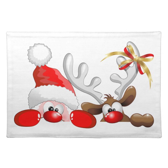 Funny Santa and Reindeer Cartoon Ornament Magnet B Cloth Placemat (Front)