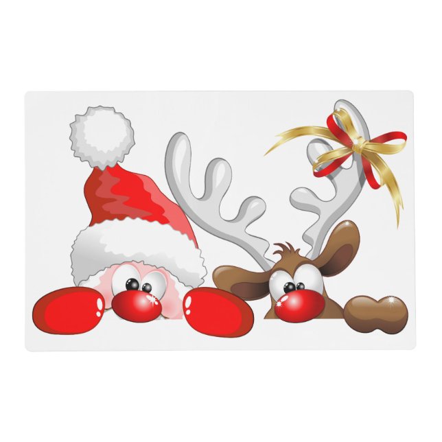 Funny Santa and Reindeer Cartoon Ornament Magnet B Placemat (Front)