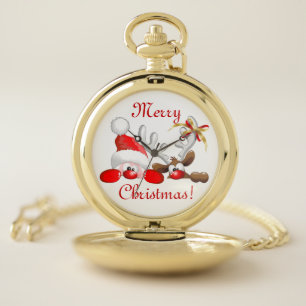 Funny Santa and Reindeer Cartoon Ornament Magnet B Pocket Watch