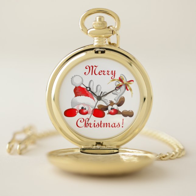 Funny Santa and Reindeer Cartoon Ornament Magnet B Pocket Watch (Inside)