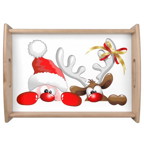 Funny Santa and Reindeer Cartoon Ornament Magnet B Serving Tray