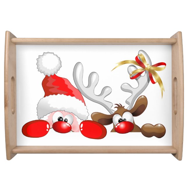 Funny Santa and Reindeer Cartoon Ornament Magnet B Serving Tray (Front)