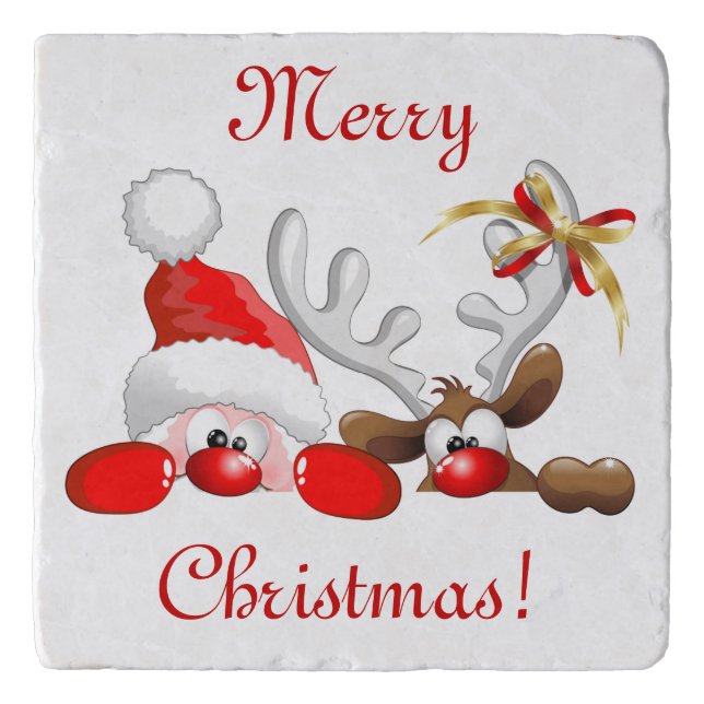 Funny Santa and Reindeer Cartoon Ornament Magnet B Trivet (Front)