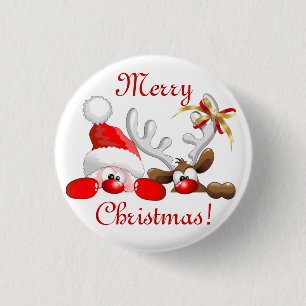 Funny Santa and Reindeer Cartoon Ornament Magnet Button