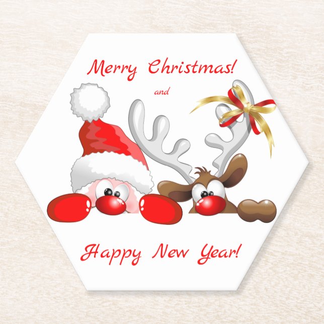 Funny Santa and Reindeer Cartoon Paper Coaster (Front)