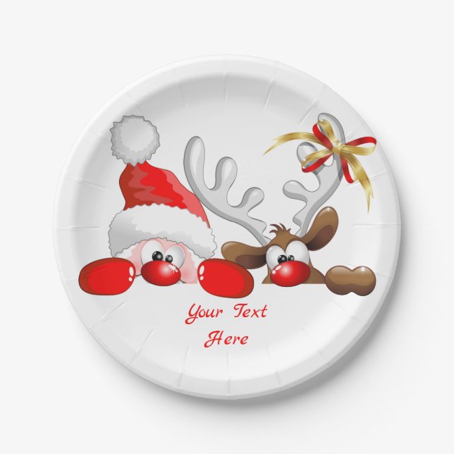 Funny Santa and Reindeer Cartoon Paper Plates (Front)