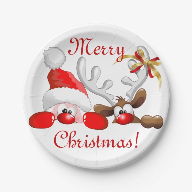 Funny Santa and Reindeer Cartoon       Paper Plates (Front)
