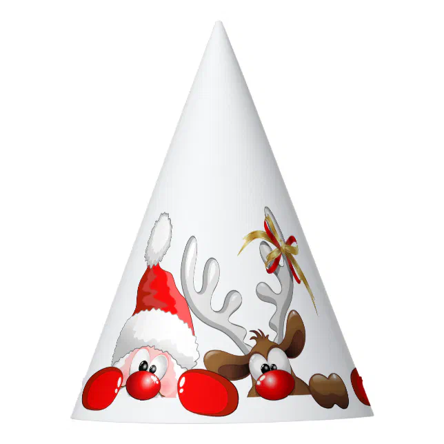 Funny Santa and Reindeer Cartoon Party Hat Zazzle