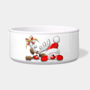 Funny Santa and Reindeer Cartoon Pet Bowl