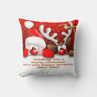 Funny Santa and Reindeer Cartoon Pillow