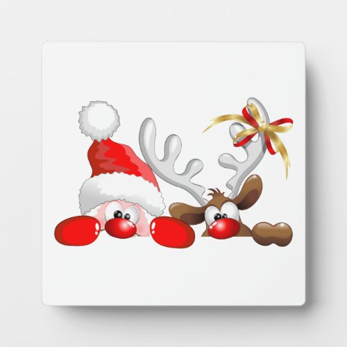 Funny Santa and Reindeer Cartoon       Plaque