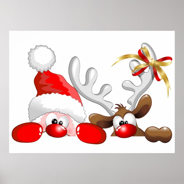 Funny Santa and Reindeer Cartoon Poster (Front)