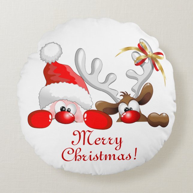 Funny Santa and Reindeer Cartoon       Round Pillow (Front)