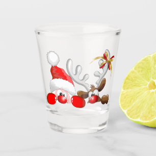 Funny Santa and Reindeer Cartoon Shot Glass