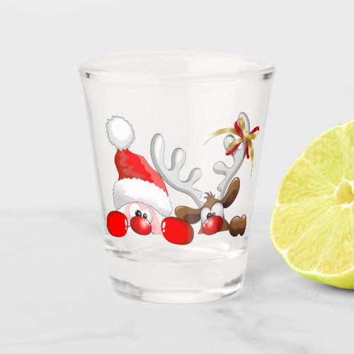 Funny Santa and Reindeer Cartoon     Shot Glass