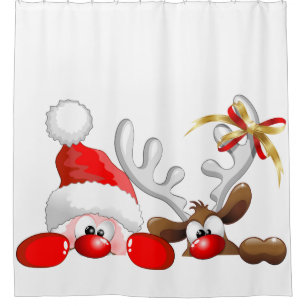 Funny Santa and Reindeer Cartoon Shower Curtain