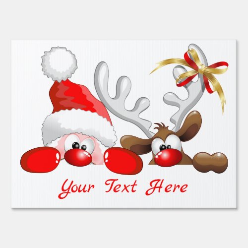 Funny Santa and Reindeer Cartoon Sign