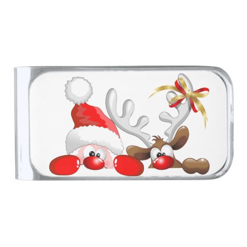 Funny Santa and Reindeer Cartoon      Silver Finish Money Clip