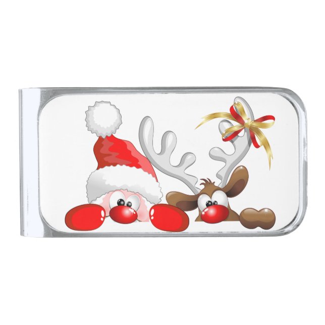 Funny Santa and Reindeer Cartoon      Silver Finish Money Clip (Front)