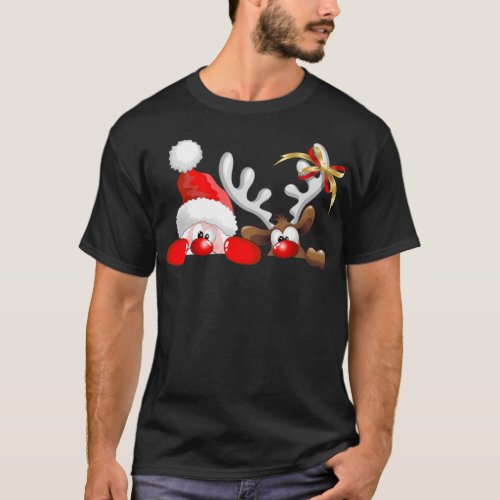 Funny Santa and Reindeer Cartoon     T_Shirt